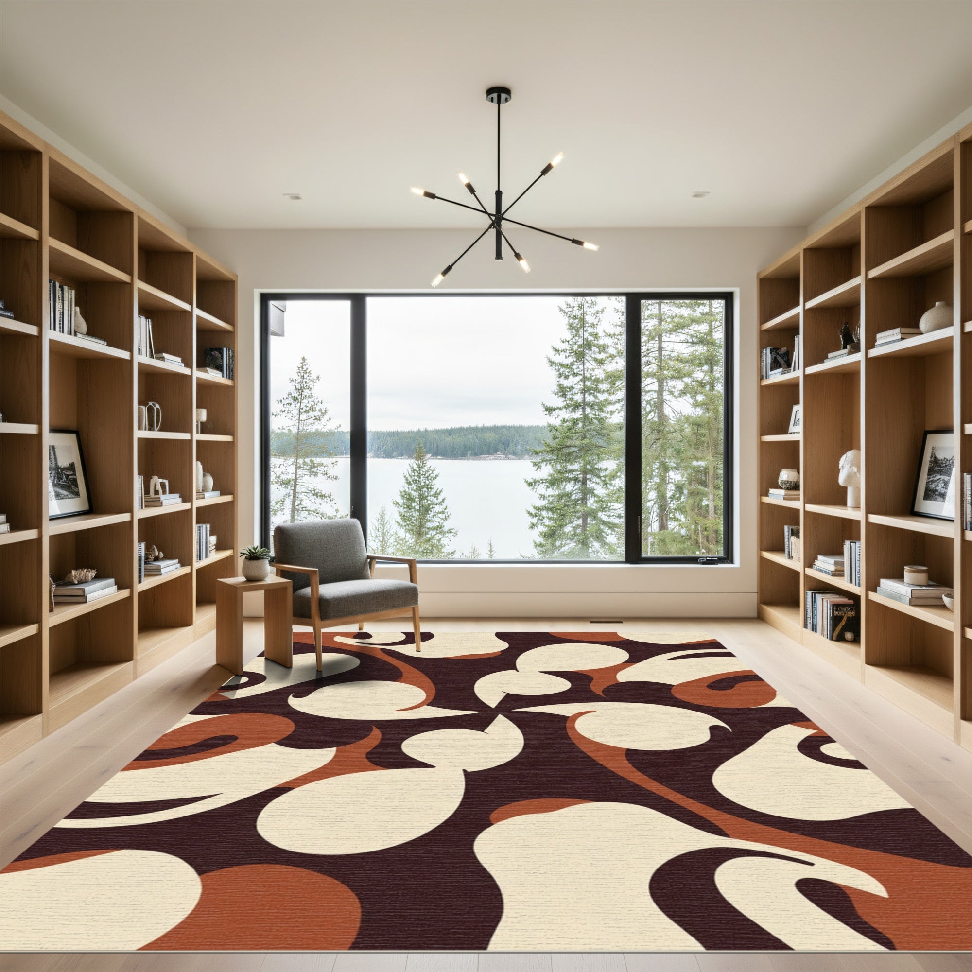 Retro Cream Brown Swirl Shapes Rug
