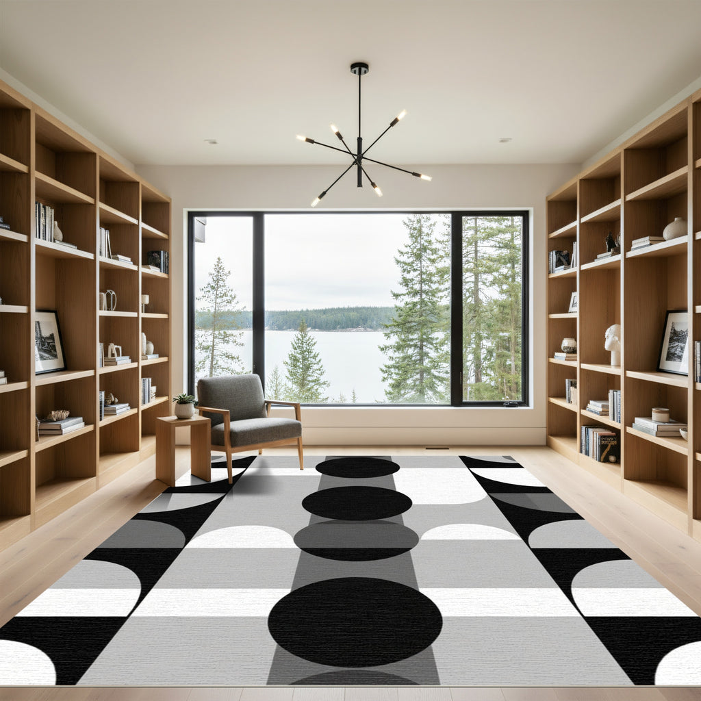 Monochrome Geometric MidCentury Modern Circles Rug