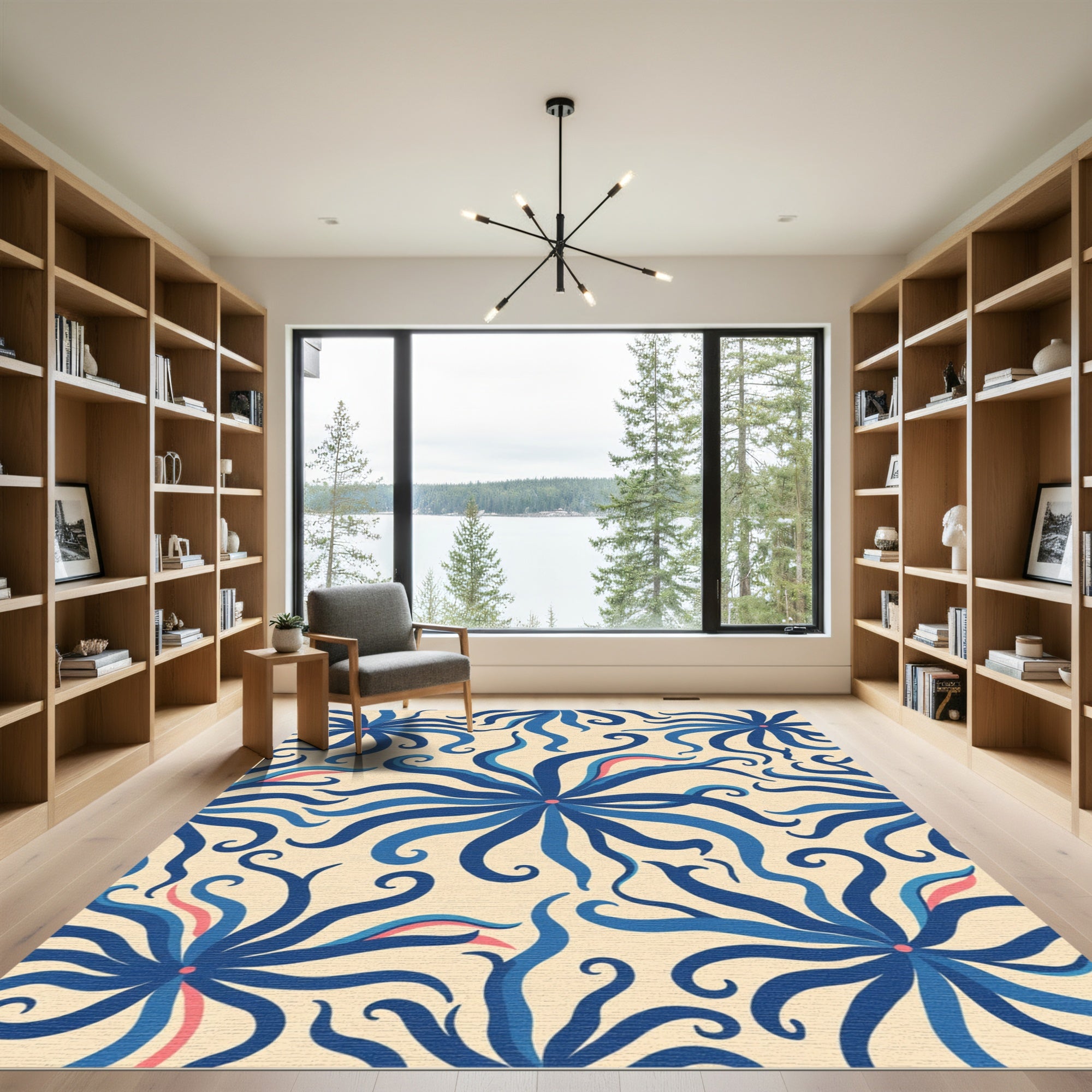 Blue Ivory Floral Swirl Rug
