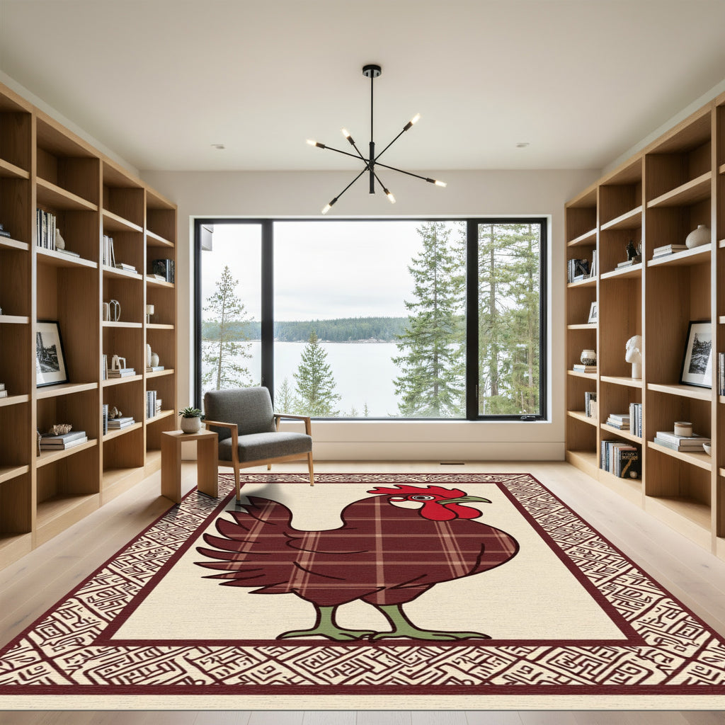 Farmhouse Burgundy Plaid Rooster Folk Art Rug