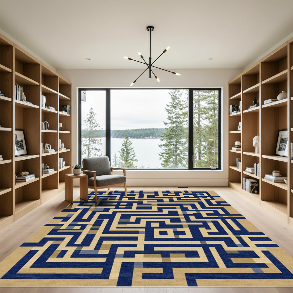 Navy Tan Geometric Maze Rug