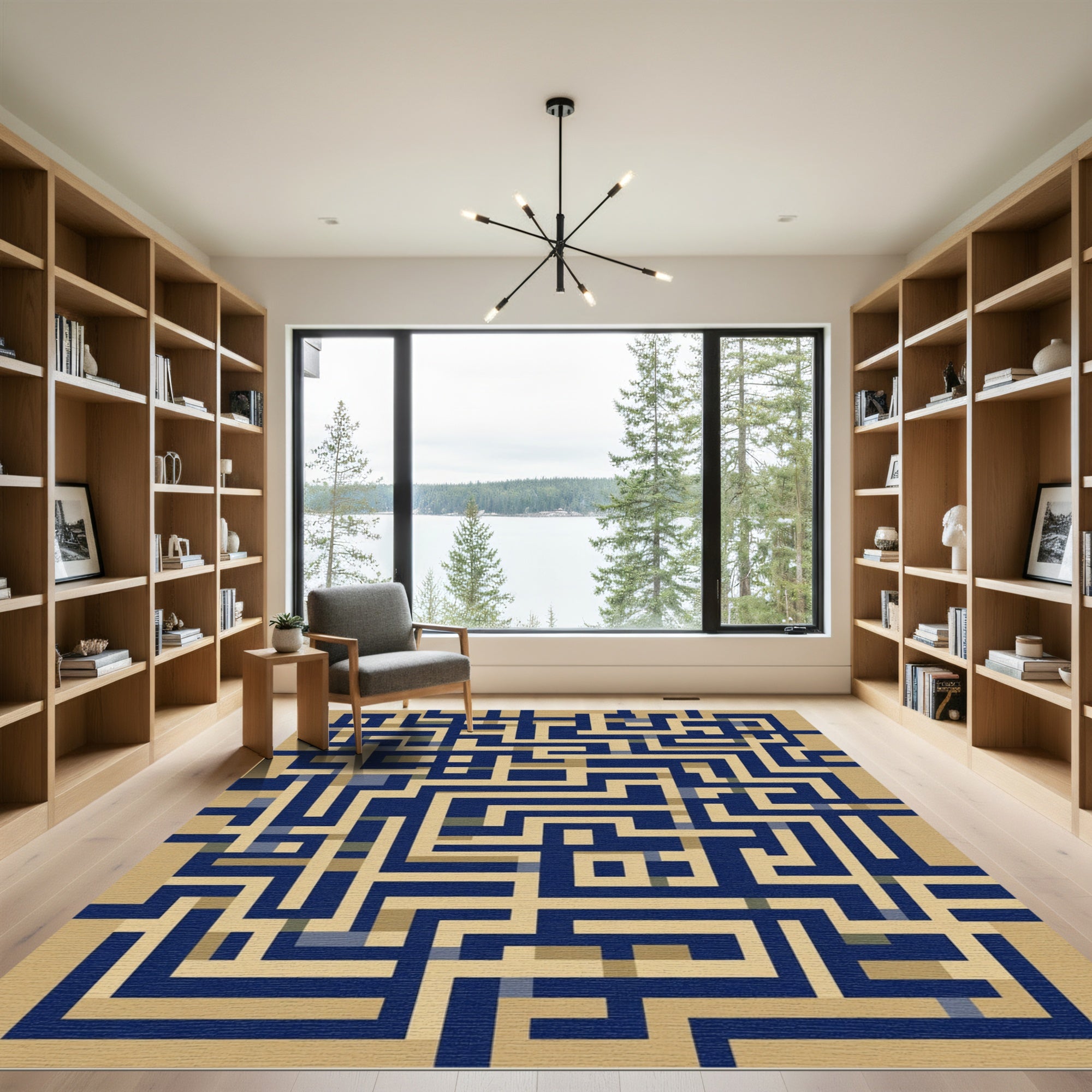 Navy Tan Geometric Maze Rug