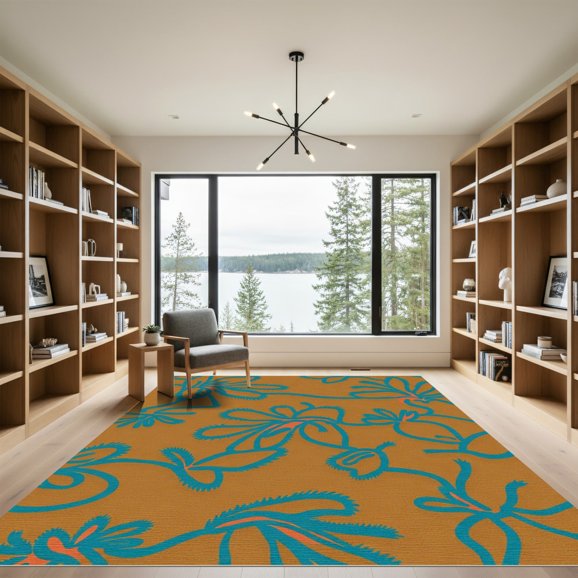 Teal Blue Floral Vines on Amber Rug