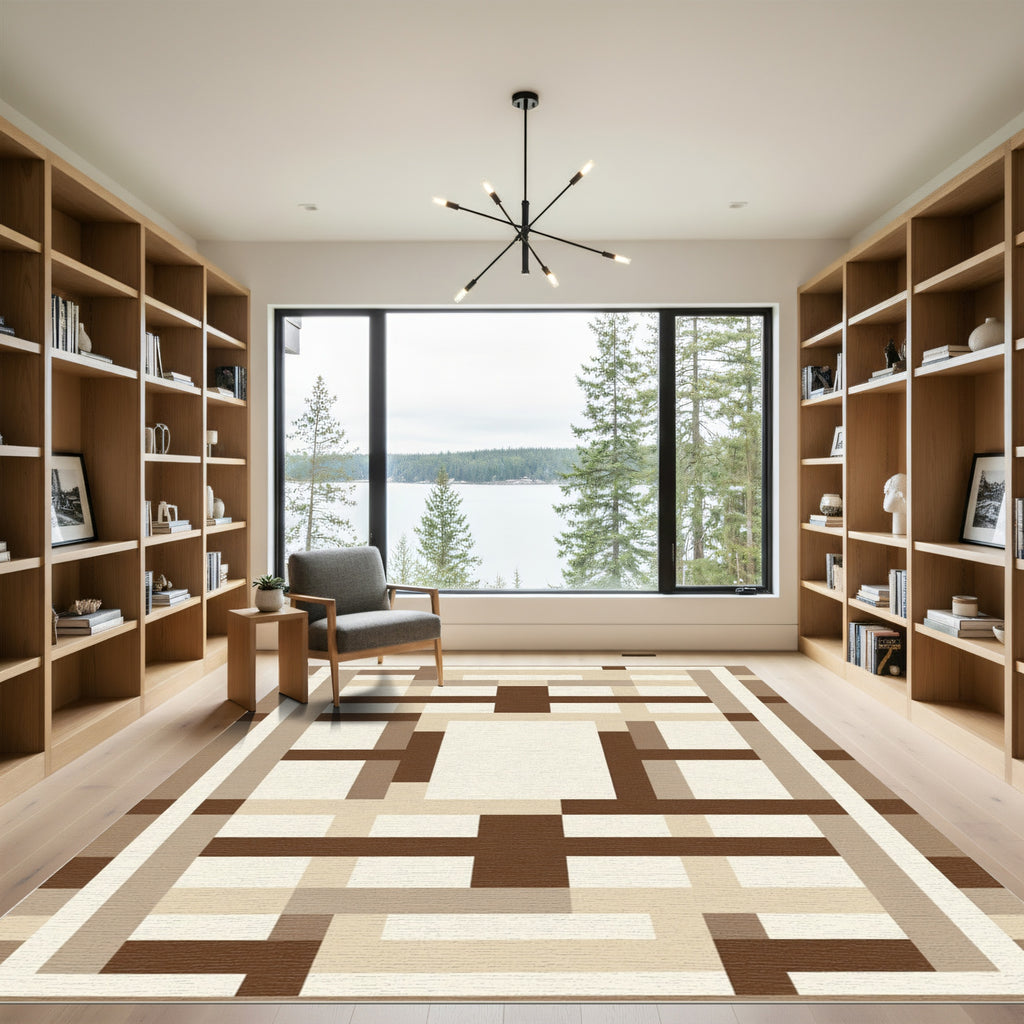 Brown Beige Geometric Rectangular Block Rug