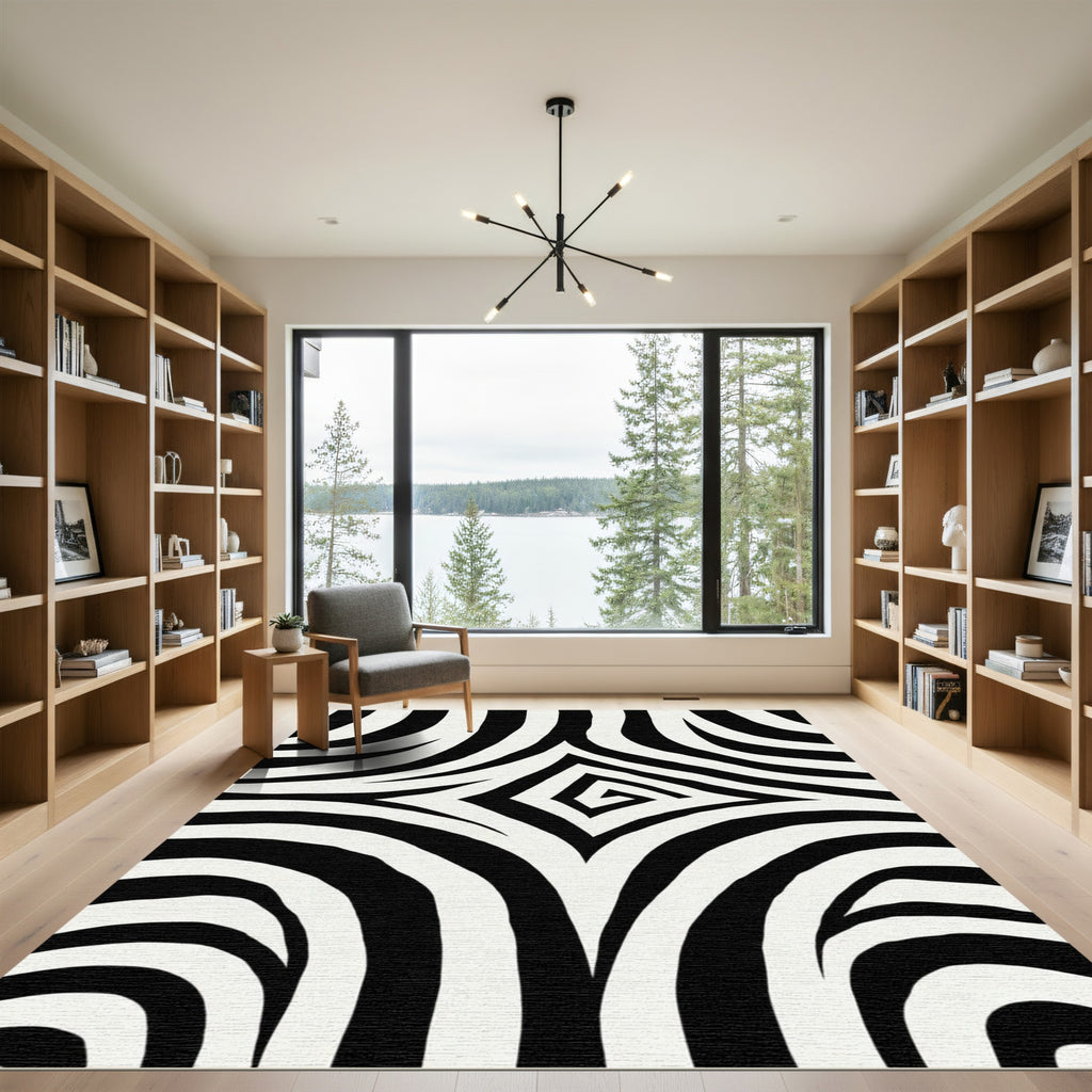 Black White Swirling Diamond Stripe Rug
