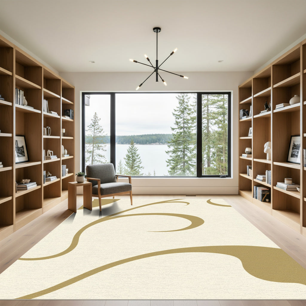 Cream Gold Swirl Abstract Rug