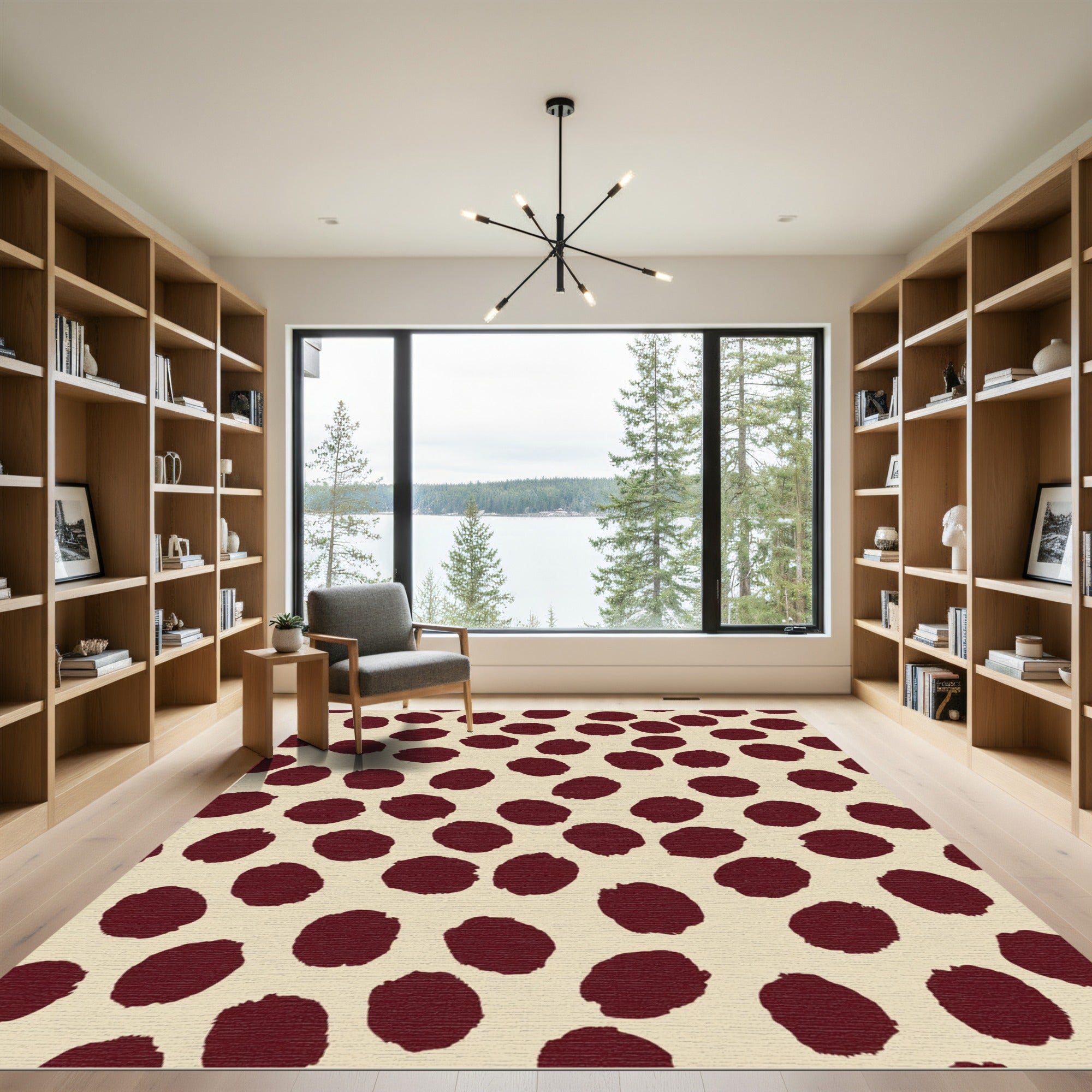 Deep Red Spotted Cream Artwork Rug