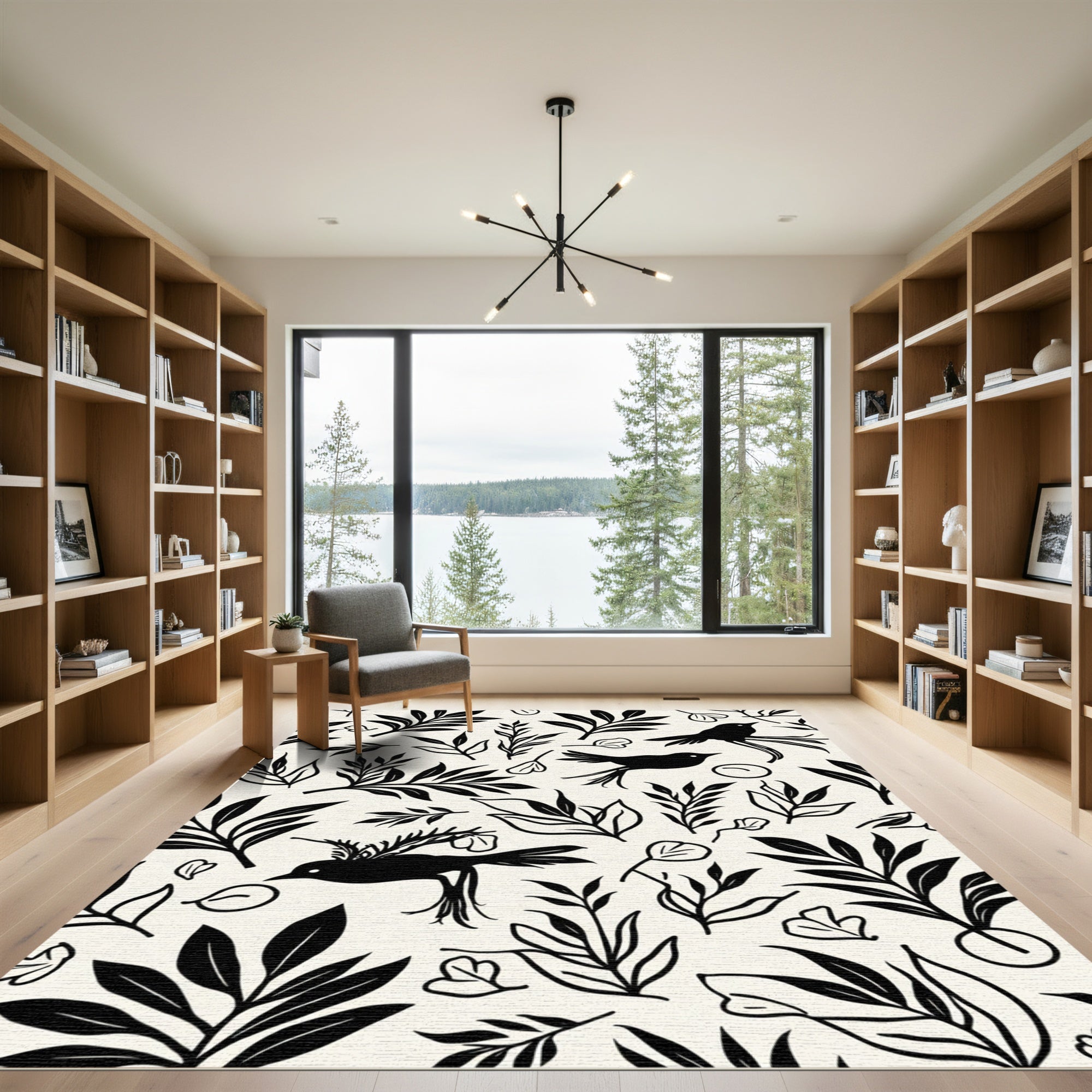 Black Birds and Botanical Branches Rug
