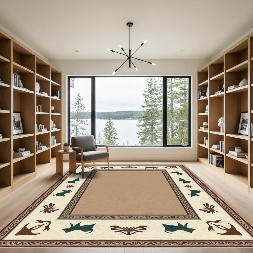 Animal Silhouette Beige Botanical Frame Rug