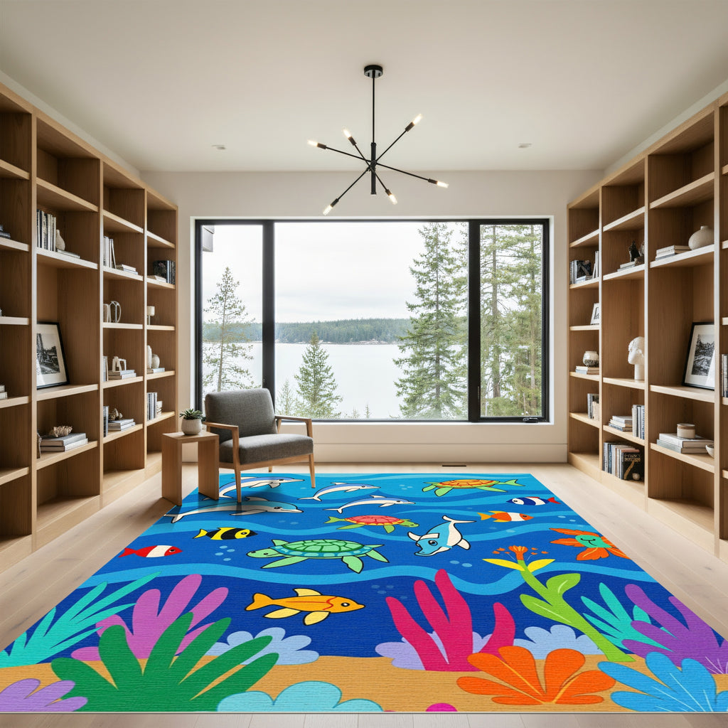 Happy Dolphin and Turtle Ocean Collage Rug