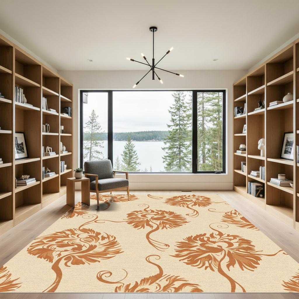 Earthy Ochre Painterly Floral Swirls Rug