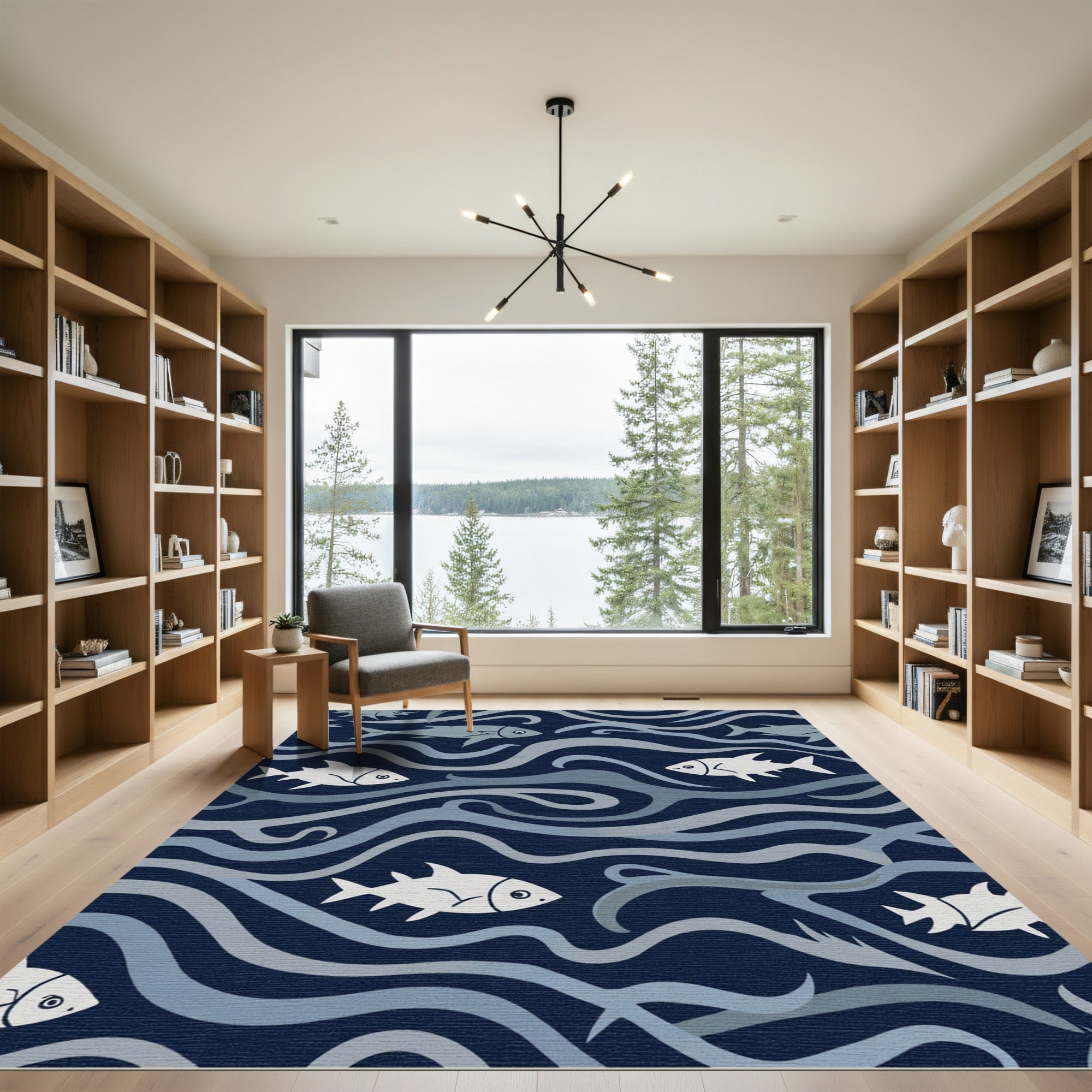 Deep Blue Oceanic Fish Swirls Rug