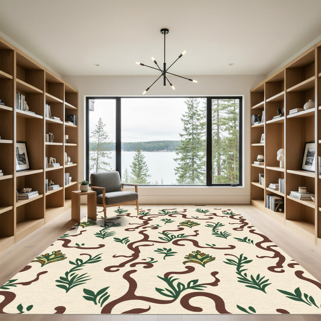Cream Brown Green Vine Foliage Rug