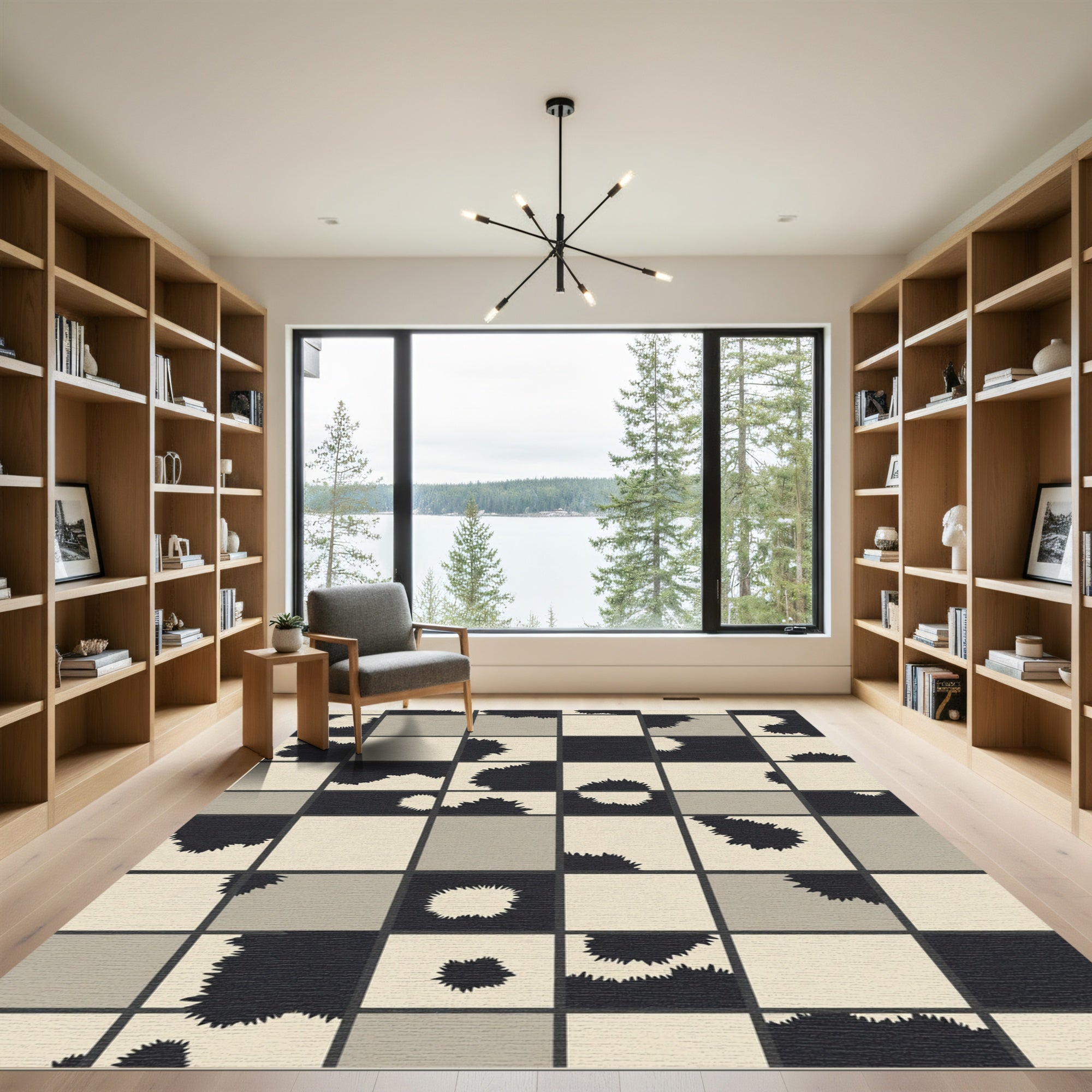 Monochrome Checkerboard Jagged Shapes Rug