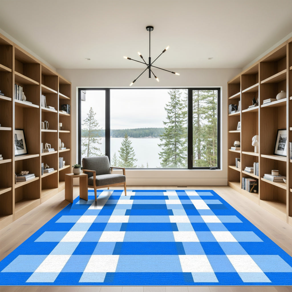 Modern Blue White Plaid Grid Rug