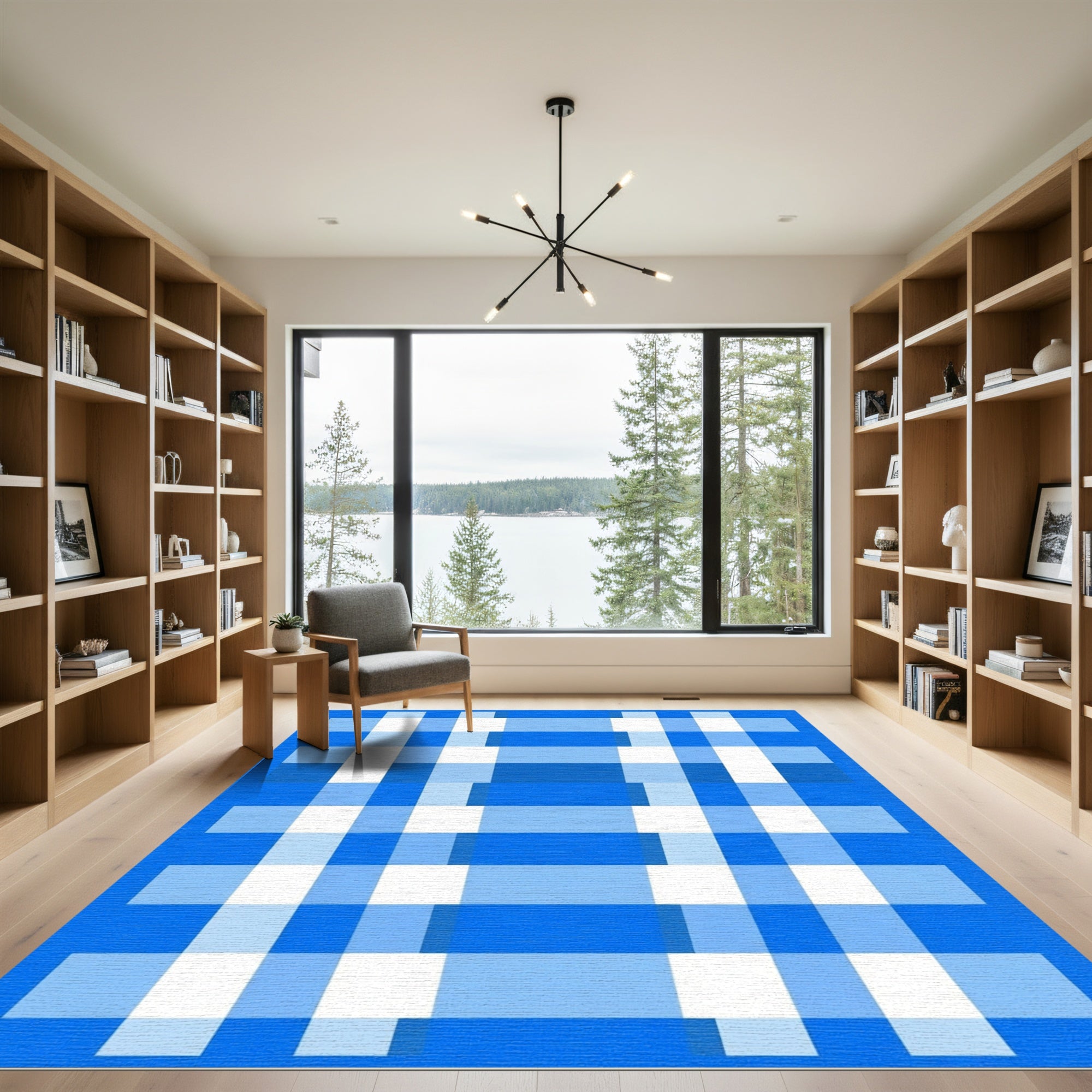 Modern Blue White Plaid Grid Rug