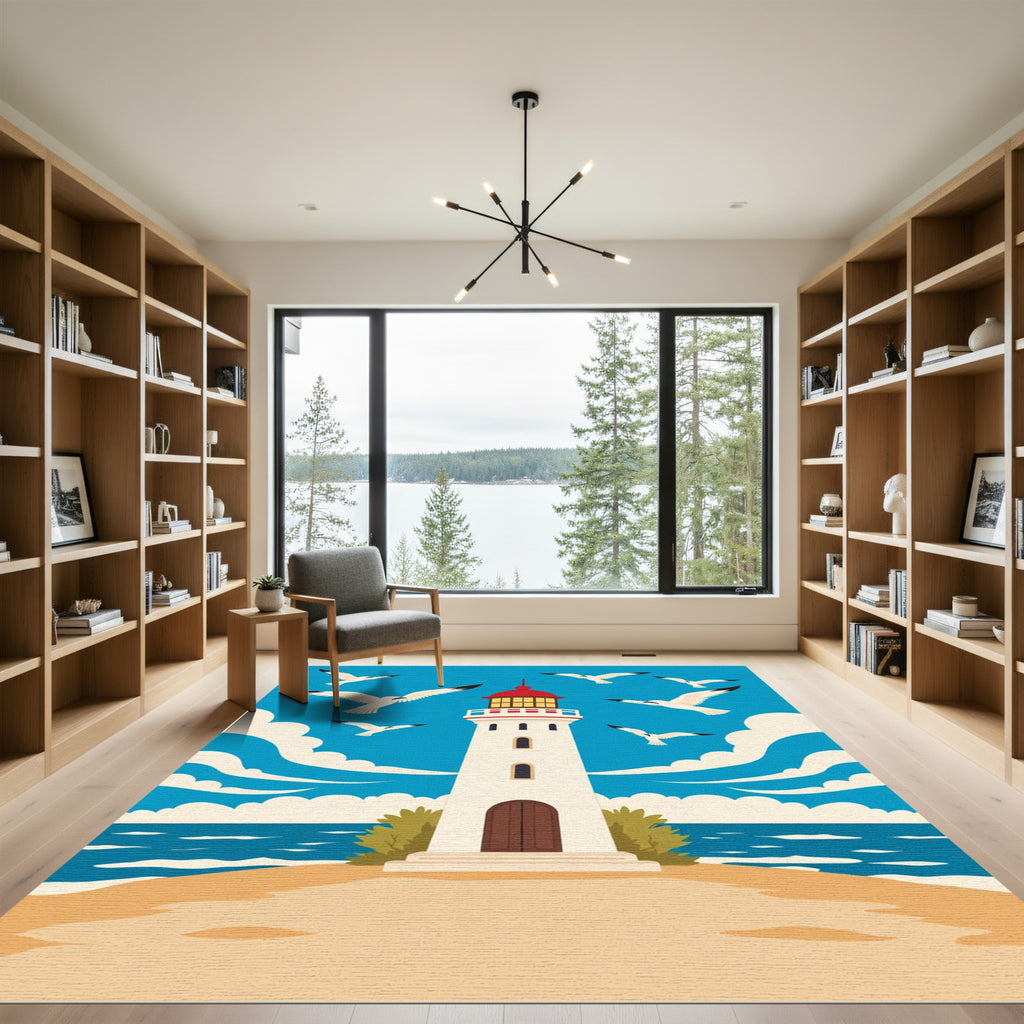 Coastal White Lighthouse Flock Flying Seagulls Rug
