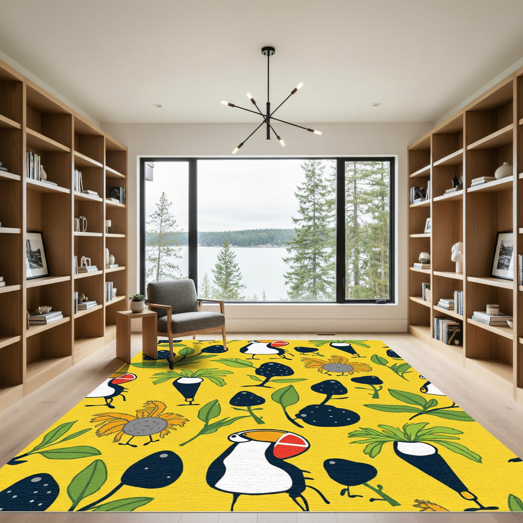 Whimsical Yellow Toucan Botanical Garden Rug