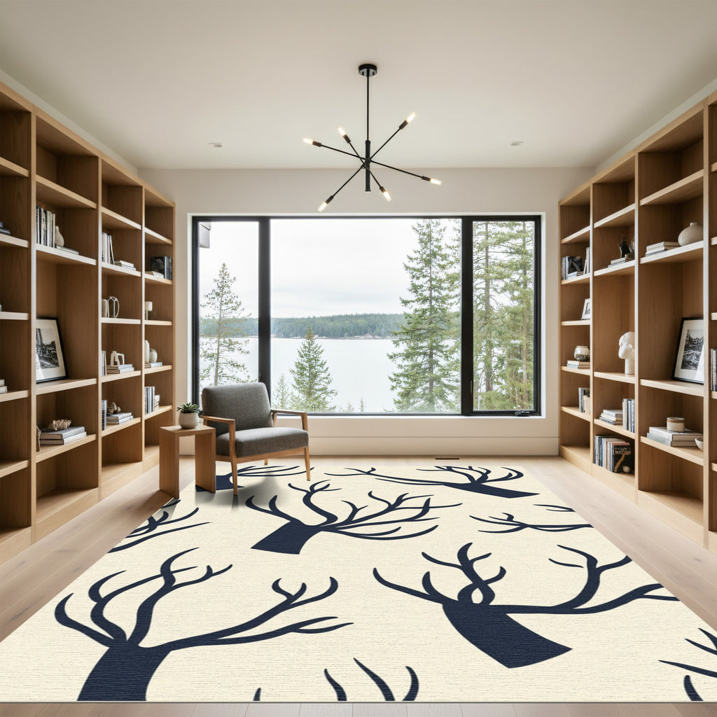 Navy Branch Silhouette Cream Background Rug