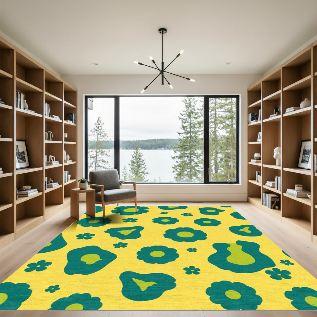 Retro Teal Floral Yellow Background Rug