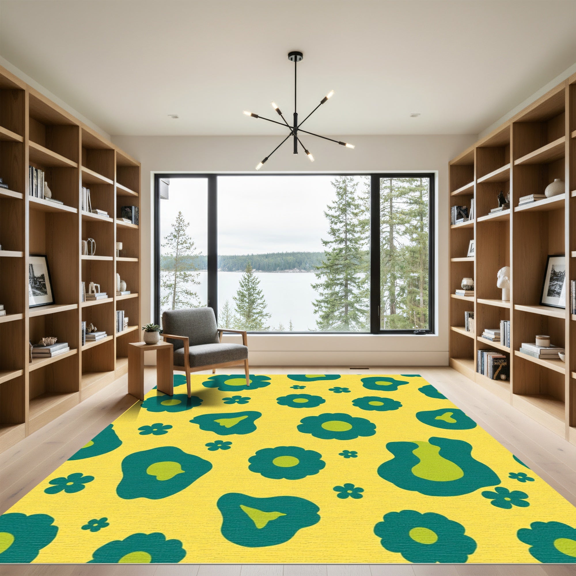 Retro Teal Floral Yellow Background Rug
