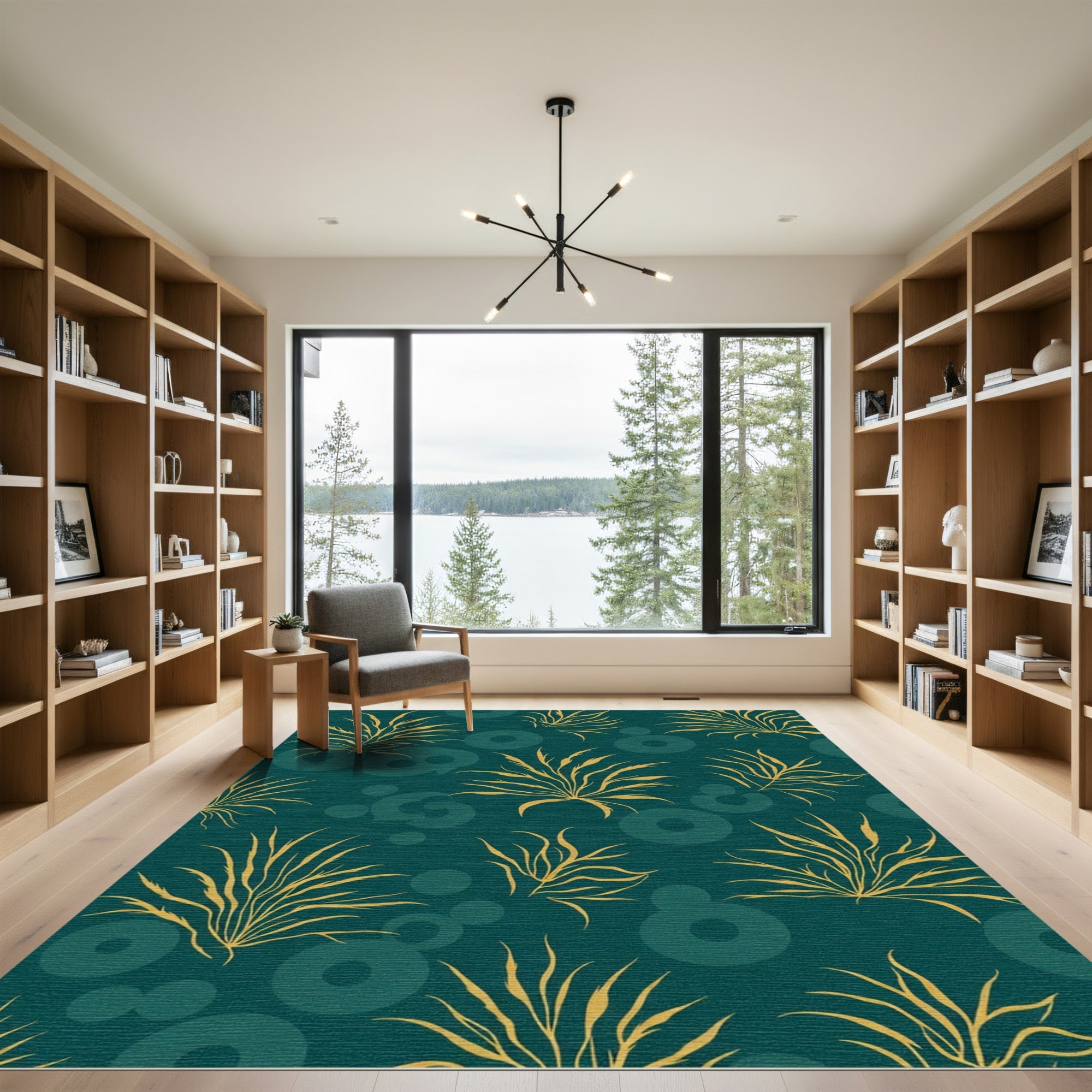 Golden Grass Circles Teal Rug