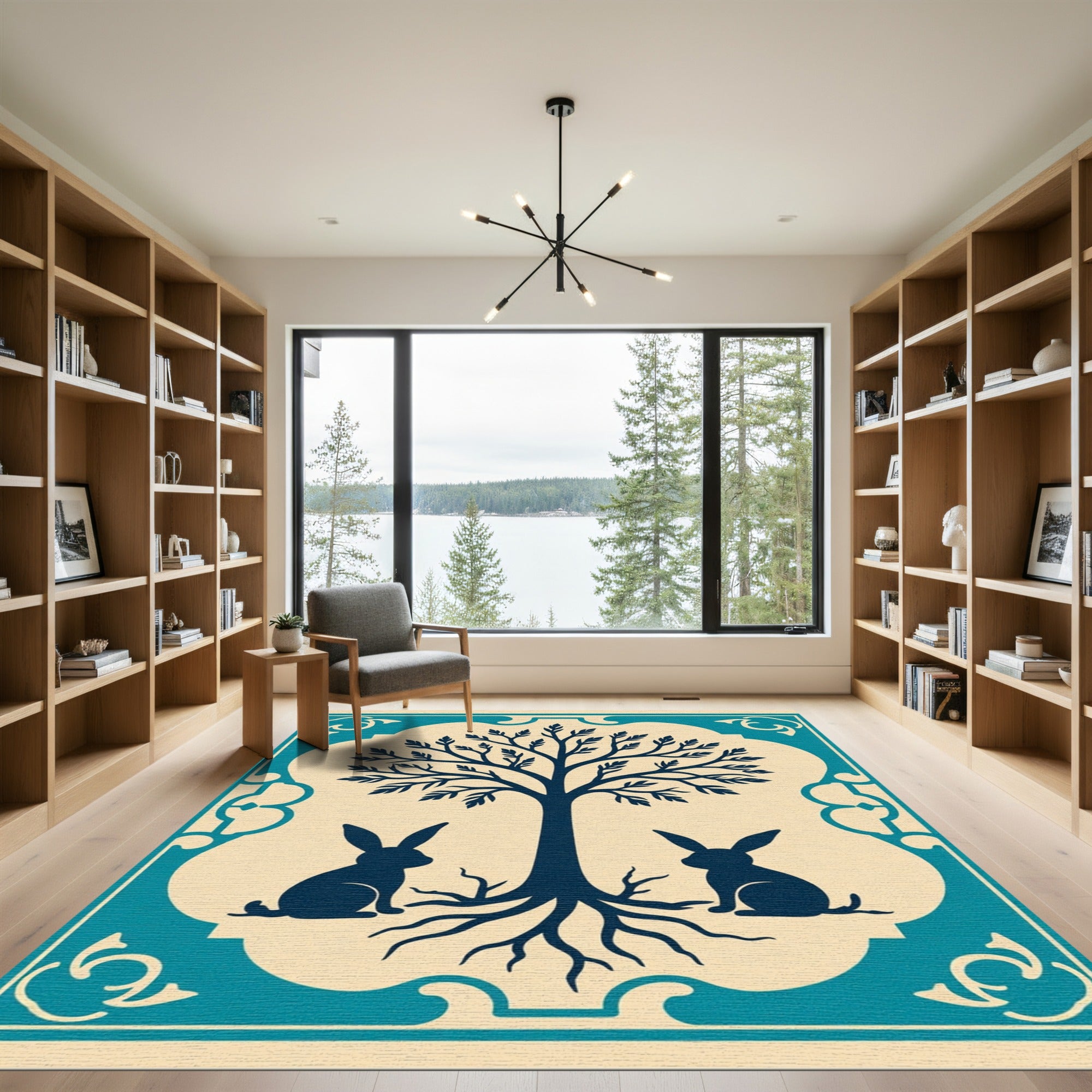 Navy Blue Tree With Rabbits Border Rug