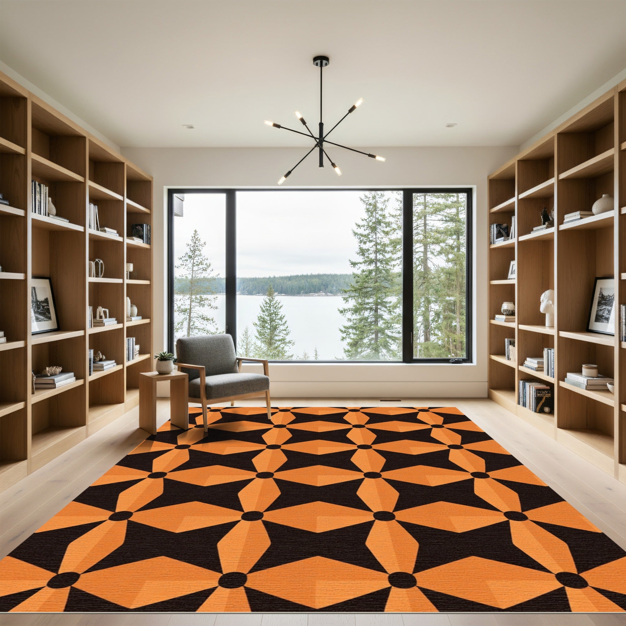 Orange Black Geometric Flower Rug