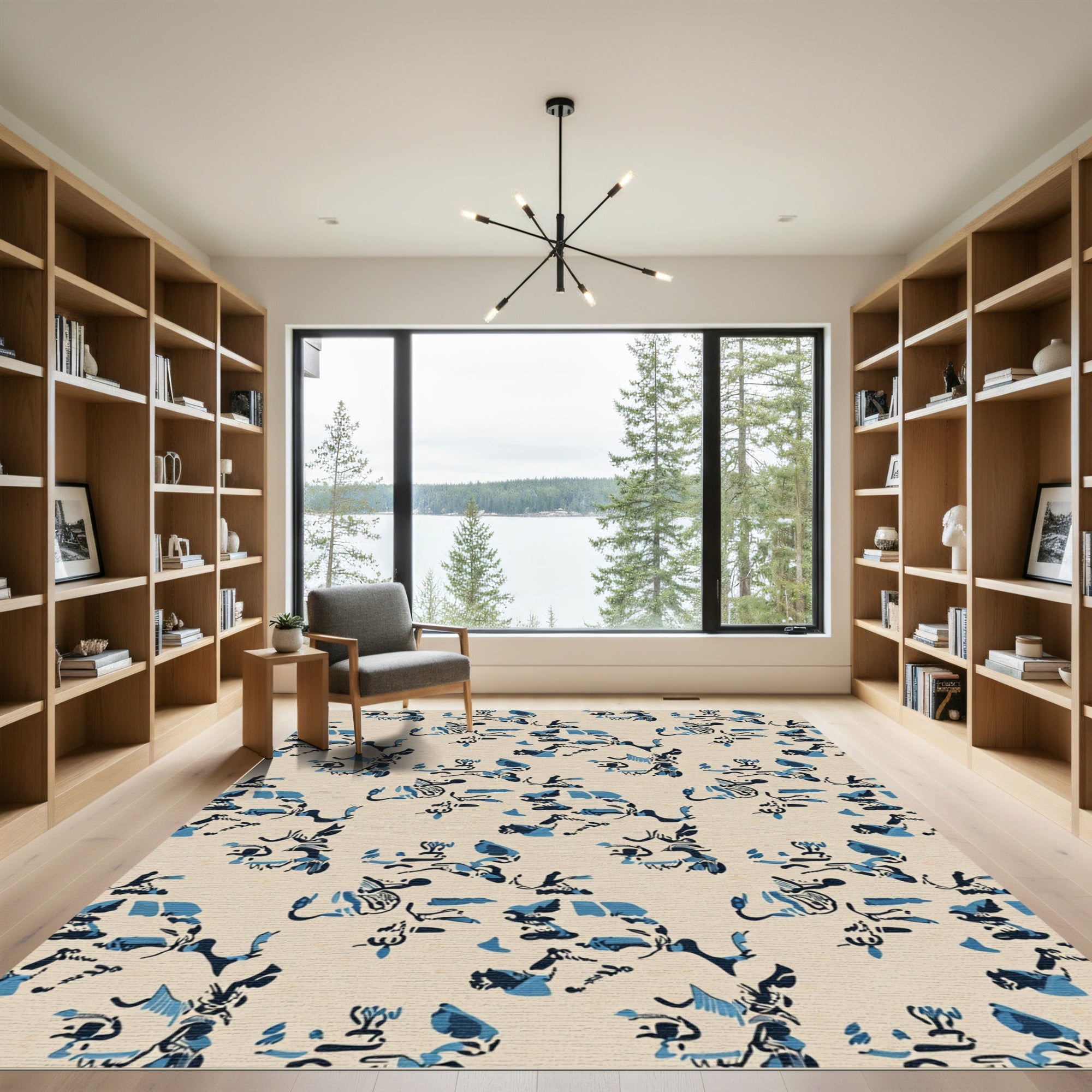 Abstract Blue and Beige Brushstroke Forms Rug