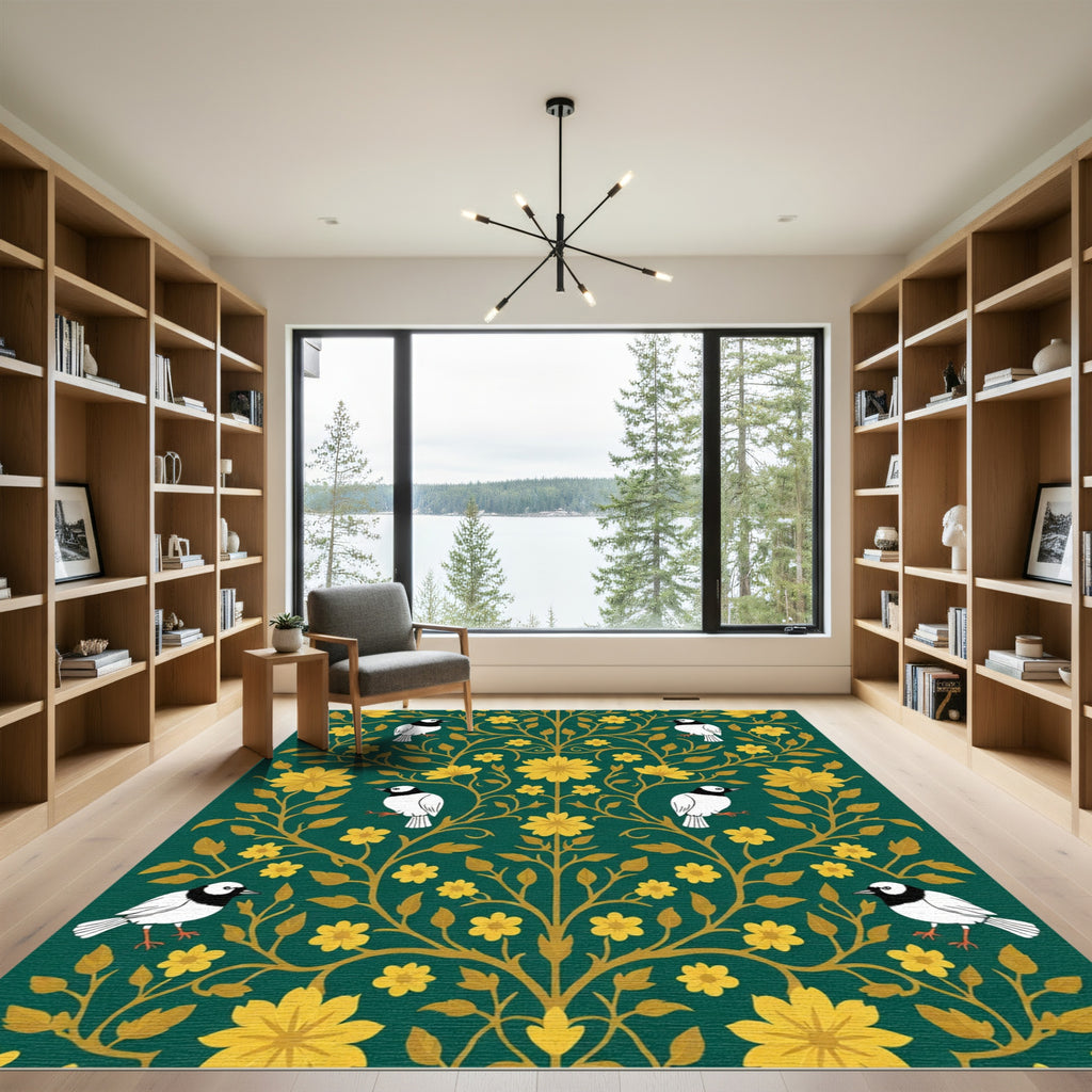 Emerald Gold Floral Bird Tree Rug