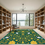 Emerald Gold Floral Bird Tree Rug