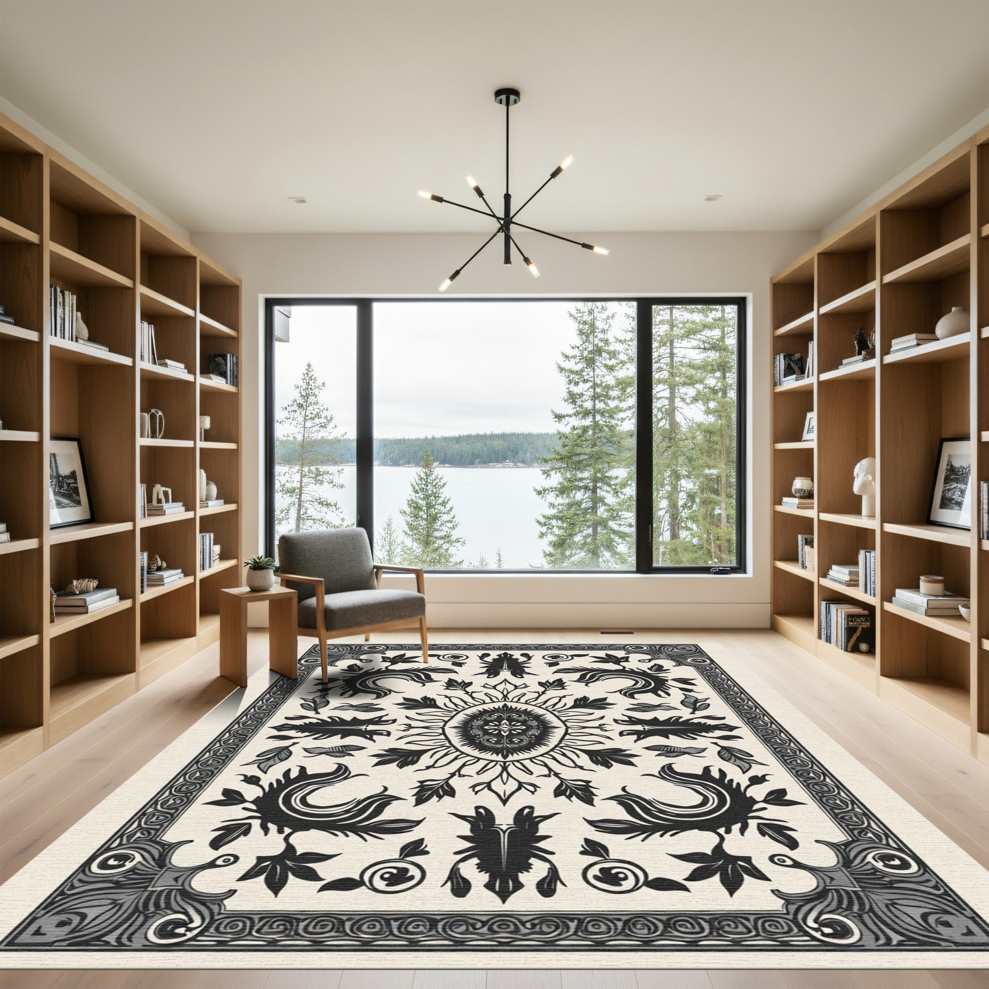 Monochromatic Black Floral Crested Rug