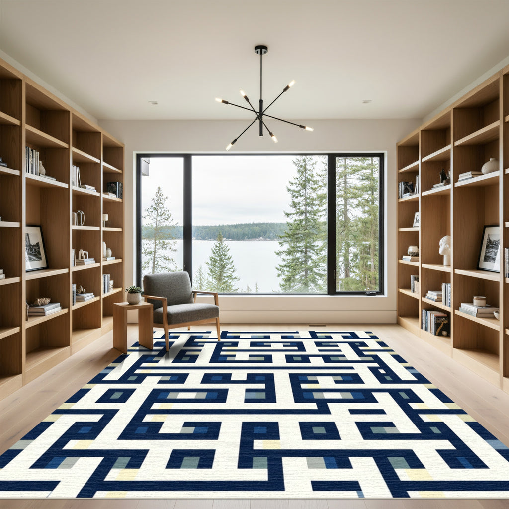 Navy Cream Labyrinth Geometric Rug
