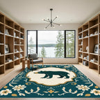 Dark Teal Bear Floral Folk Art Rug