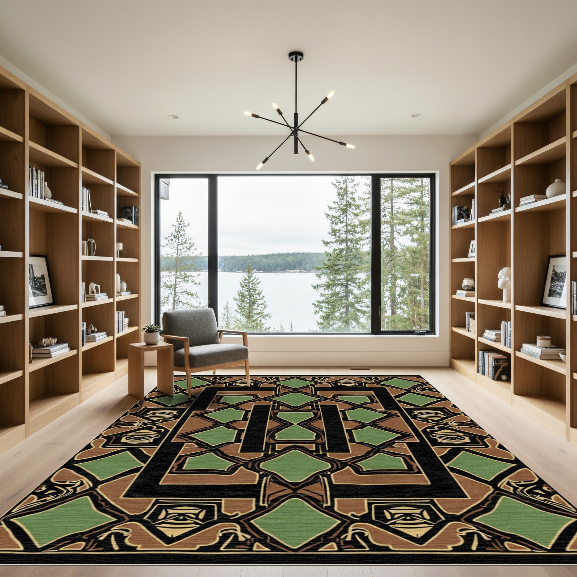Geometric Brown Black Green Diamond Rug