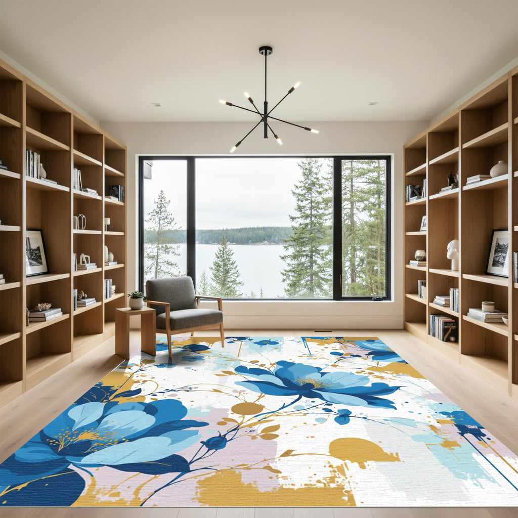 Deep Blue Floral Splatter Abstract Rug