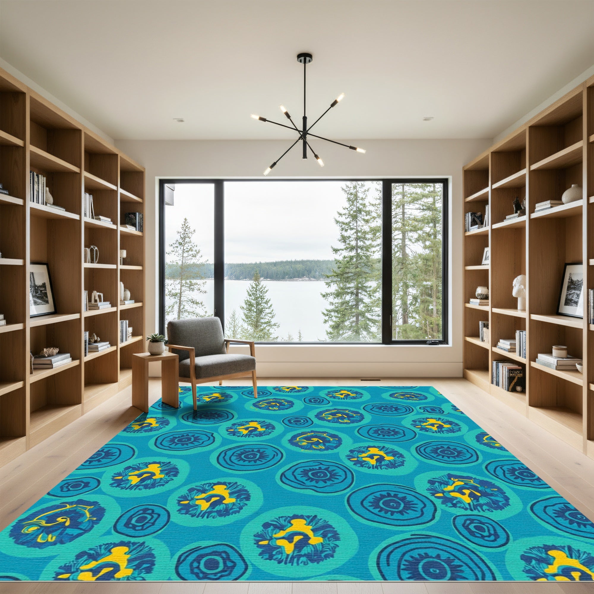 Turquoise Blue Yellow Floral Circles Rug