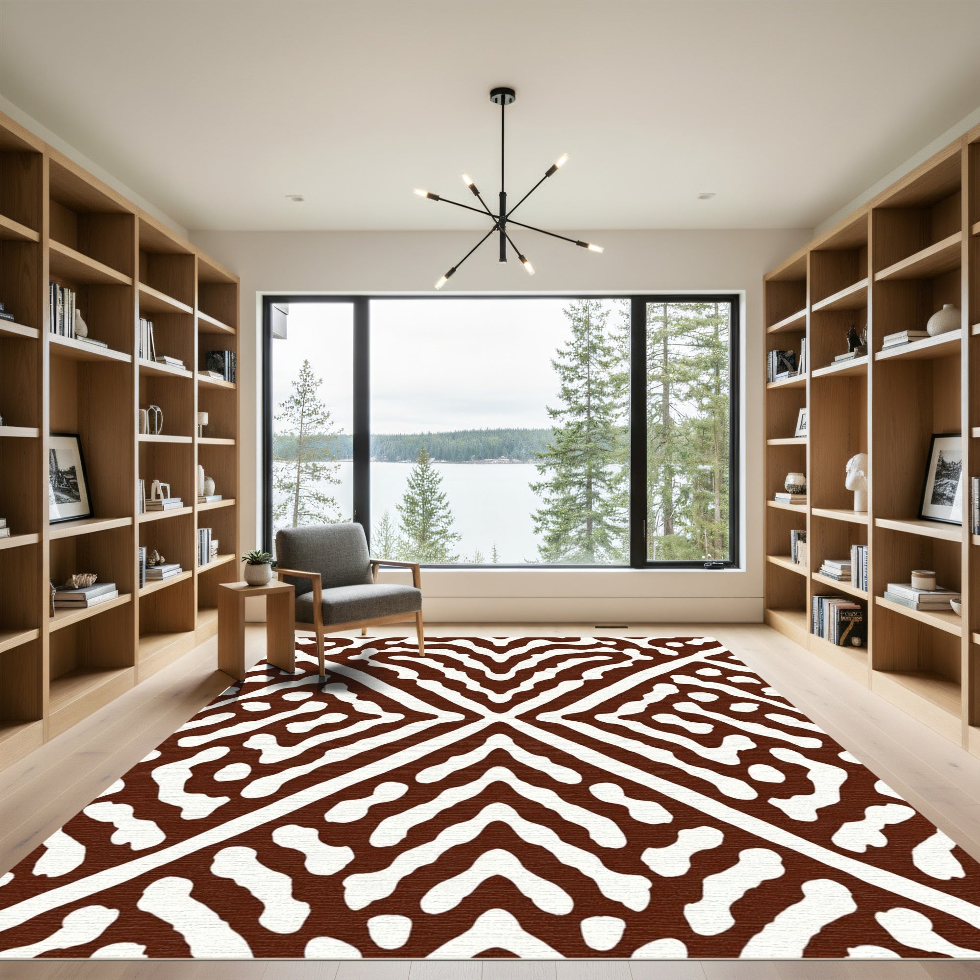 Brown White Abstract Geometric Rug