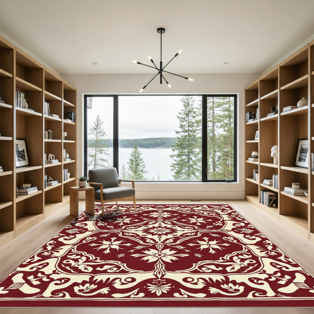 Deep Red Floral Medallion Damask Rug