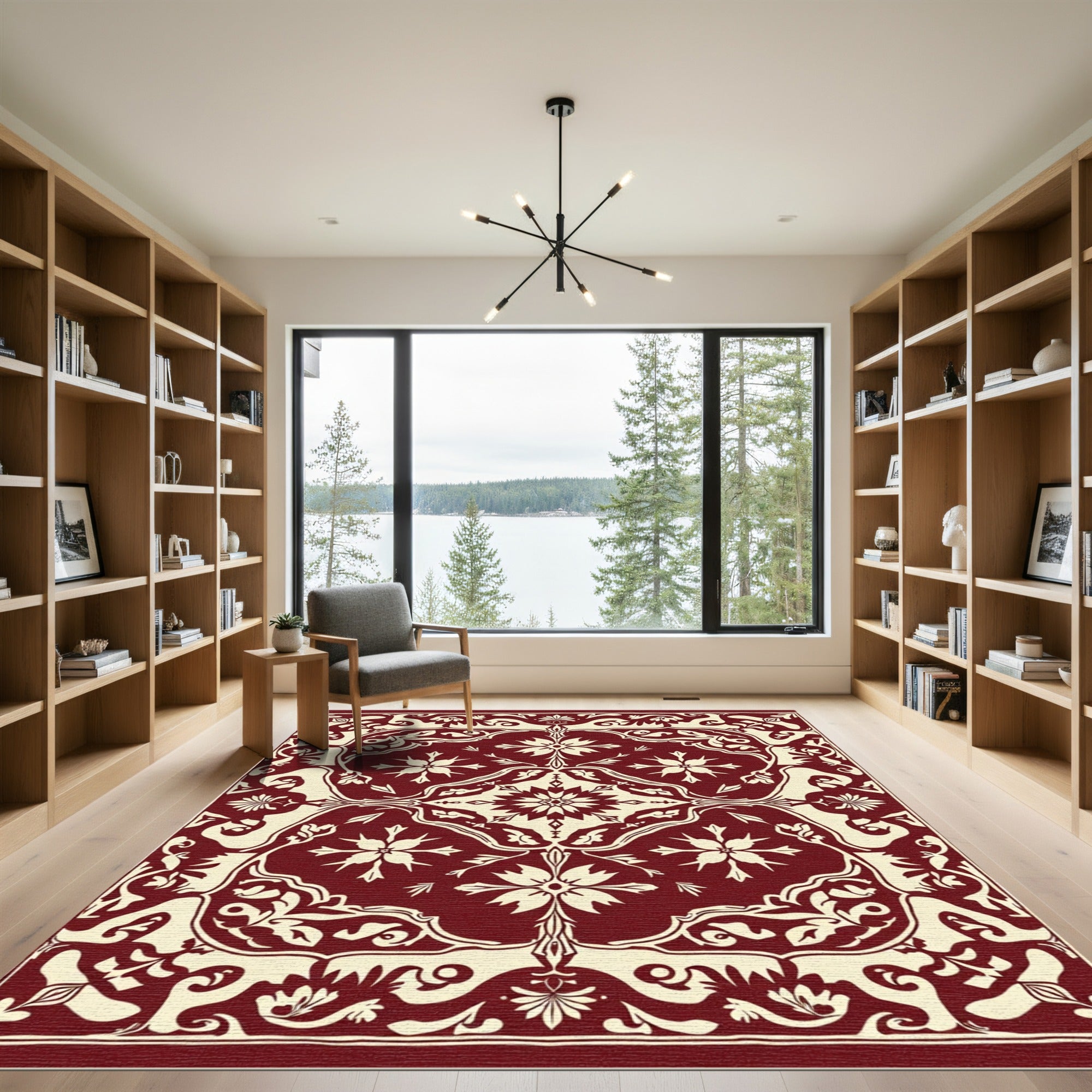 Deep Red Floral Medallion Damask Rug