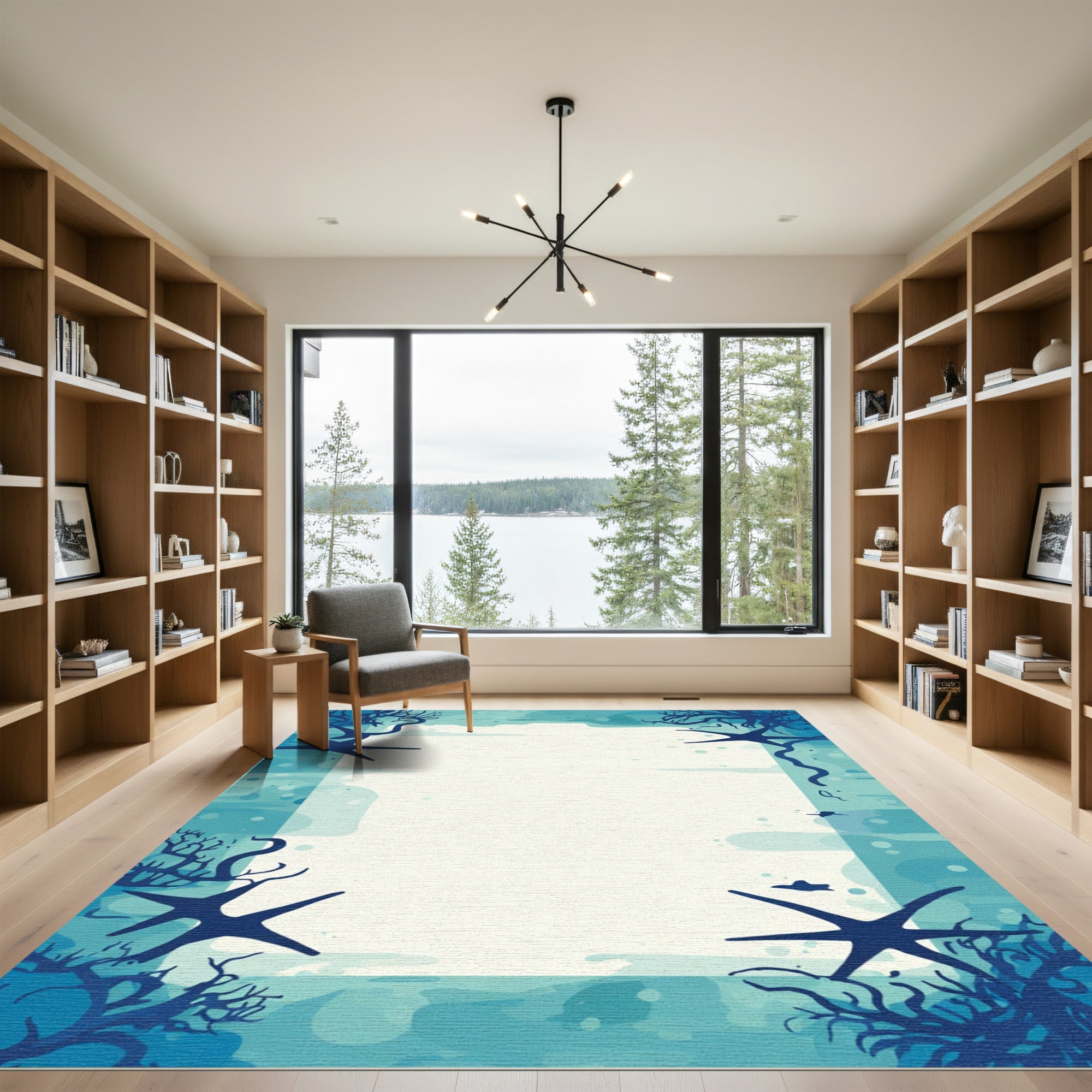 Deep Blue Underwater Starfish Coral Scene Rug