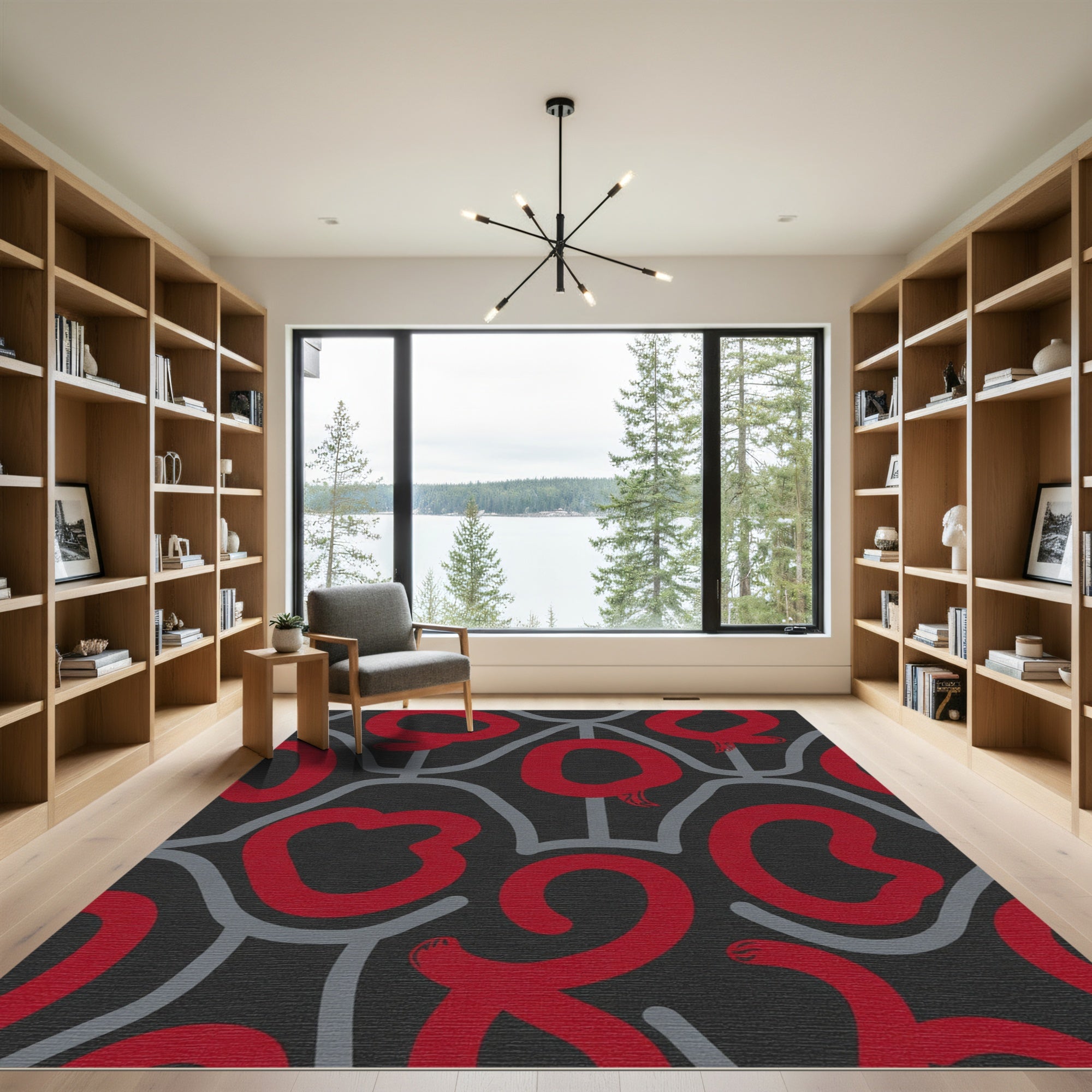 Bold Red Abstract Swirl Grid Rug