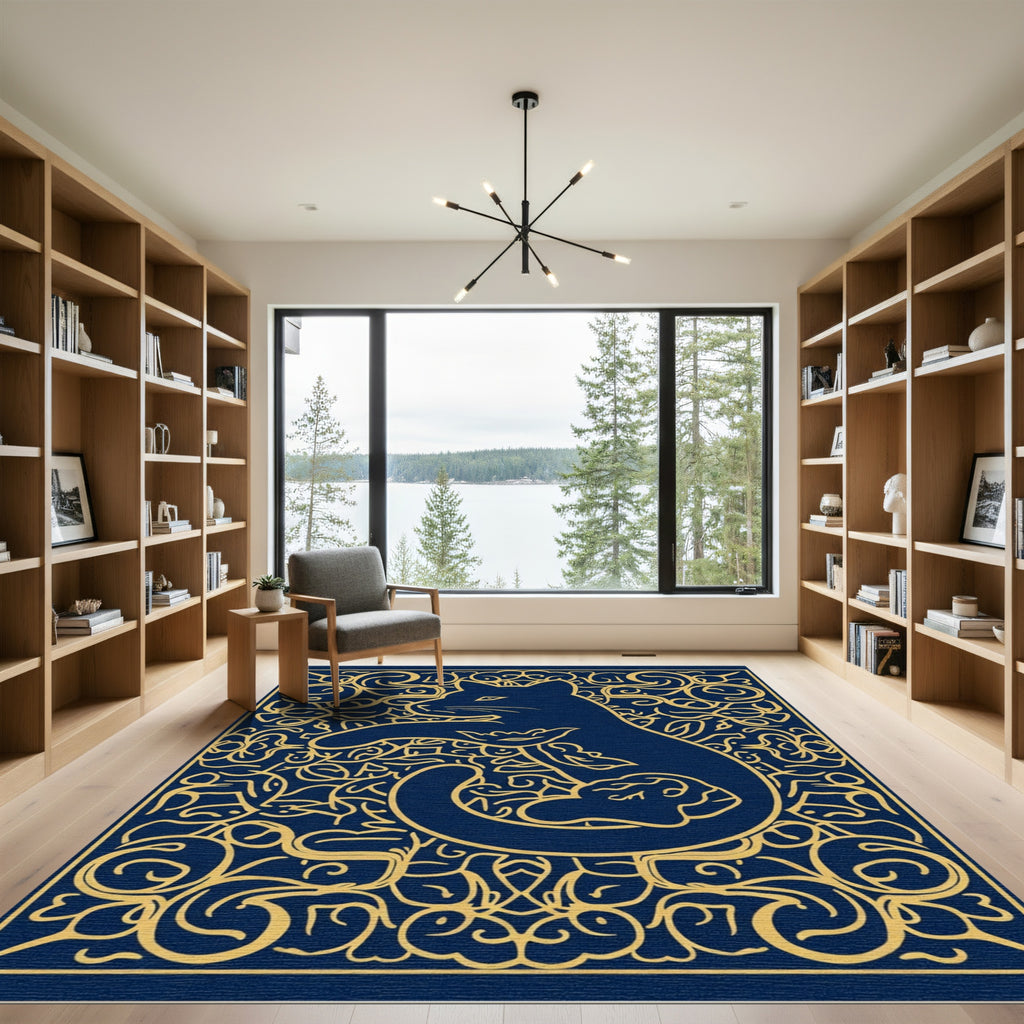 Regal Blue Golden Feline Ornate Rug