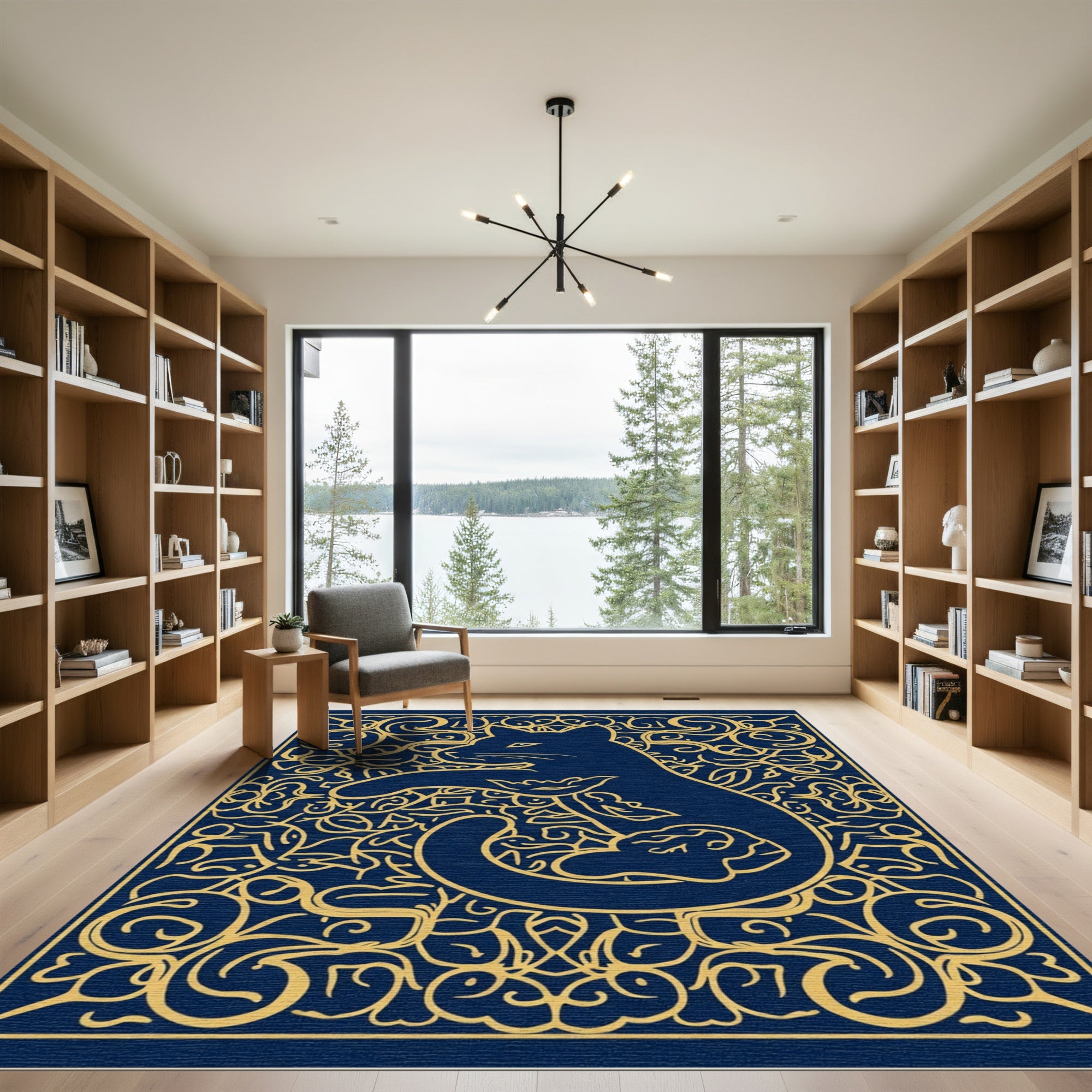Regal Blue Golden Feline Ornate Rug