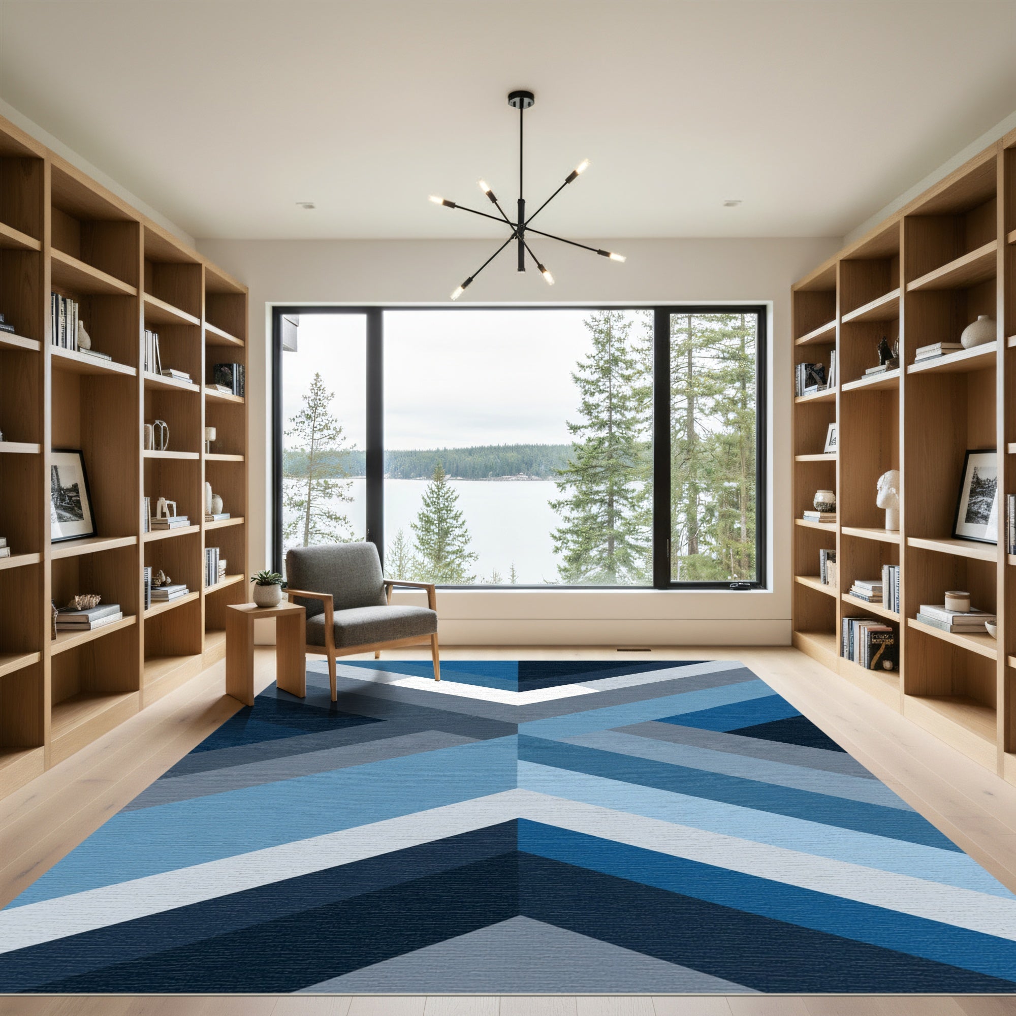 Oceanic Blue Chevron Geometric Layers Rug