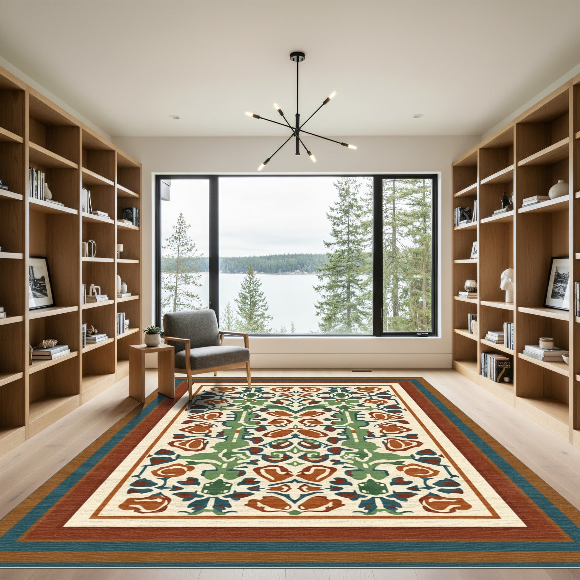 Terracotta Green Floral Symmetry Rug