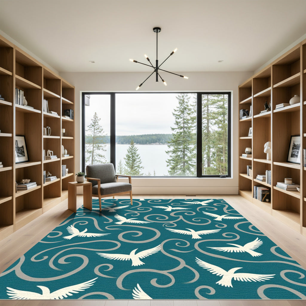 Teal White Bird Swirl Art Rug