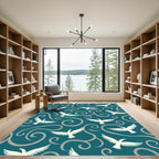 Teal White Bird Swirl Art Rug
