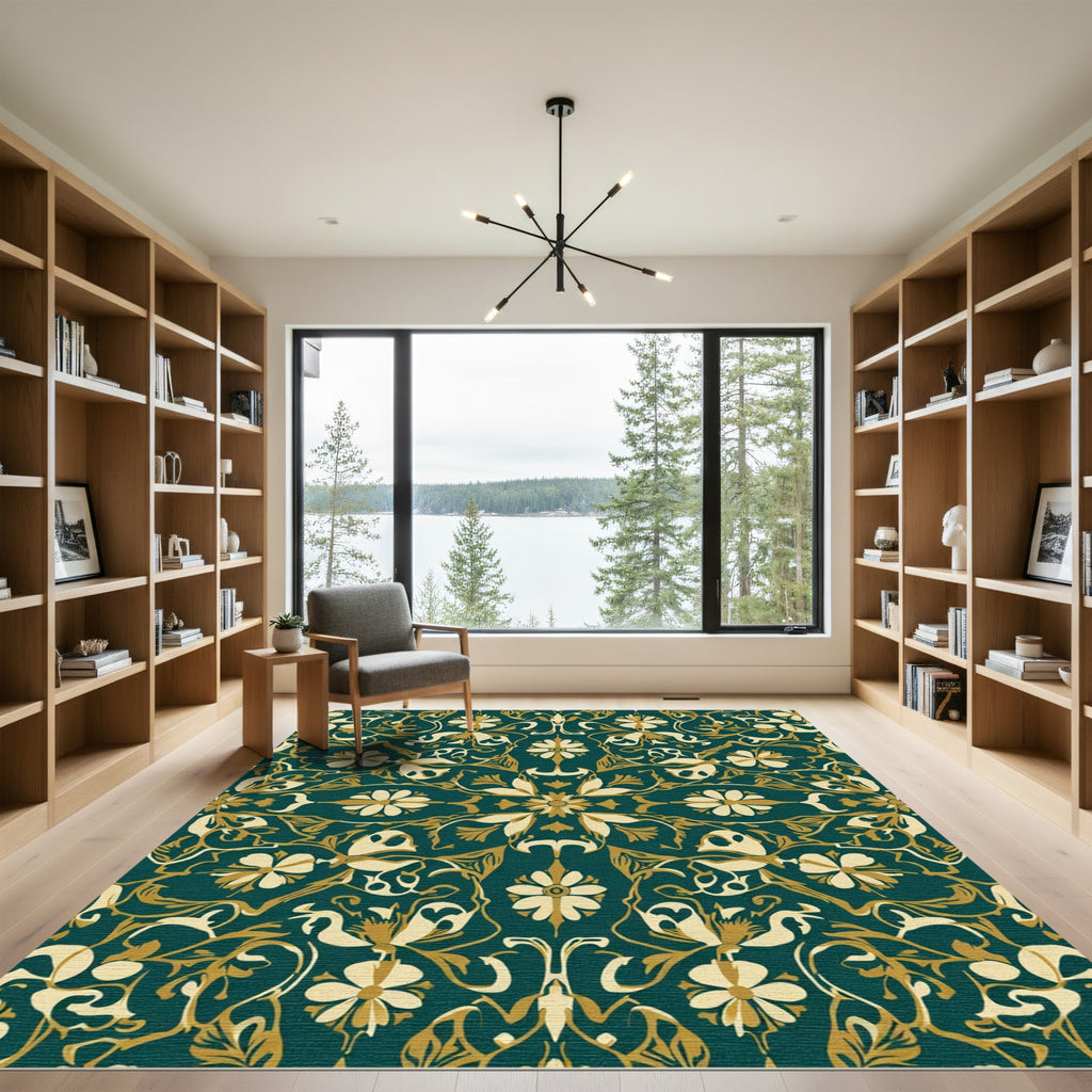 Dark Teal Golden Floral Medallion Rug
