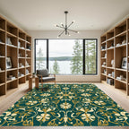 Dark Teal Golden Floral Medallion Rug